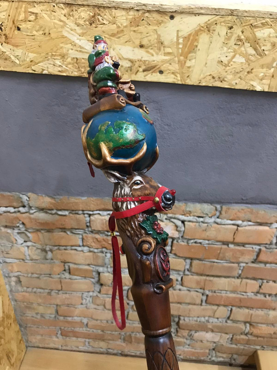 Wooden Walking Staff for Santa Claus wood carved walking stick cane with Reindeer Rudolph and Elves