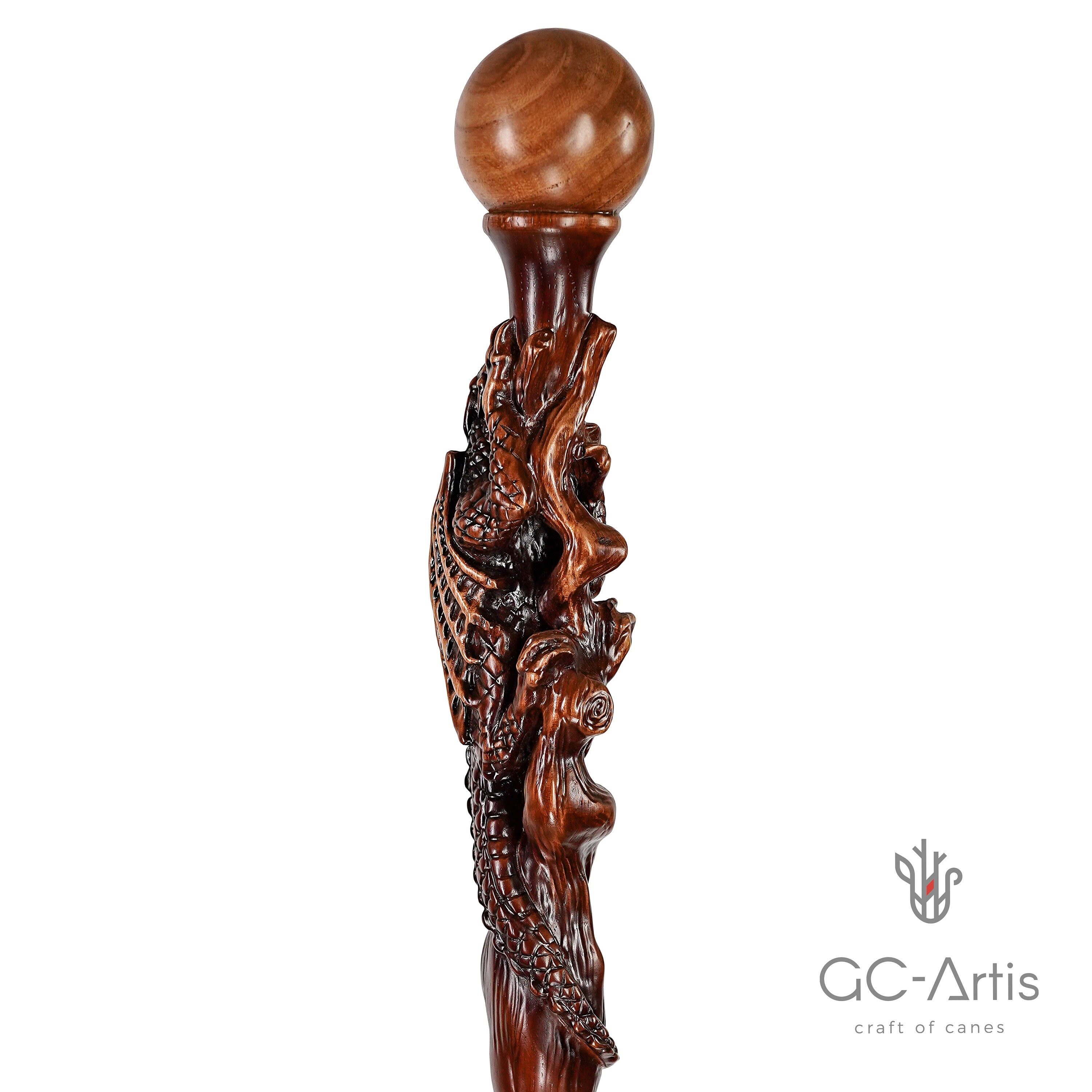 Dragon Walking Hiking Stick, Wooden Cane, Walking Staff, Wood crafted Hand made Trekking Pole. Carved Ball Knob Handle. Fantasy style