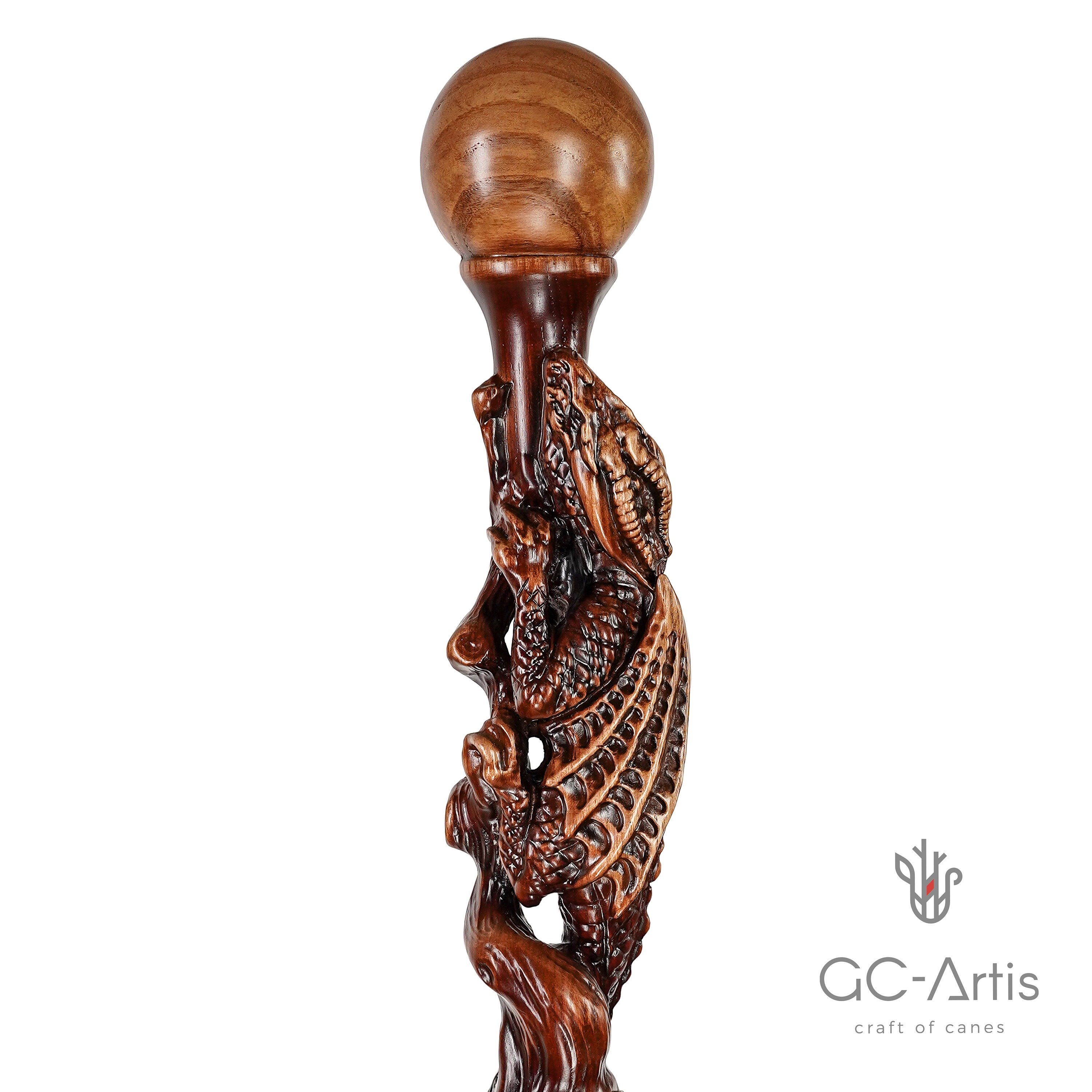 Dragon Walking Hiking Stick, Wooden Cane, Walking Staff, Wood crafted Hand made Trekking Pole. Carved Ball Knob Handle. Fantasy style