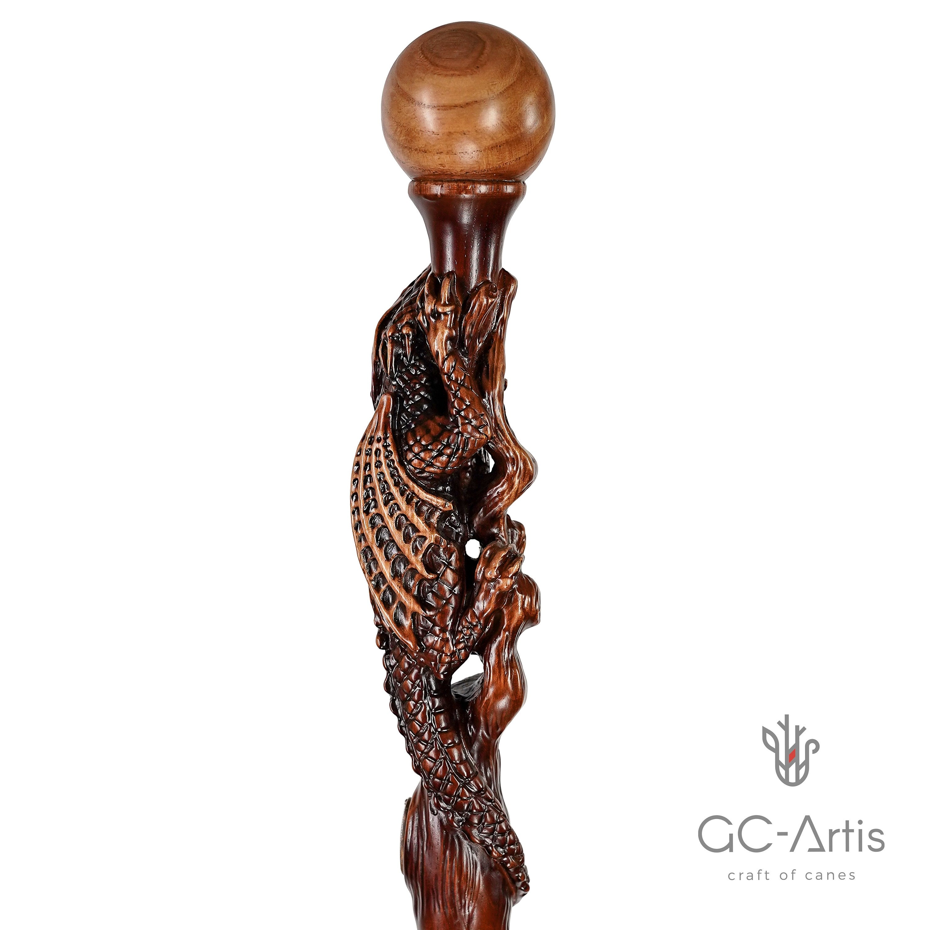 Dragon Walking Hiking Stick, Wooden Cane, Walking Staff, Wood crafted Hand made Trekking Pole. Carved Ball Knob Handle. Fantasy style
