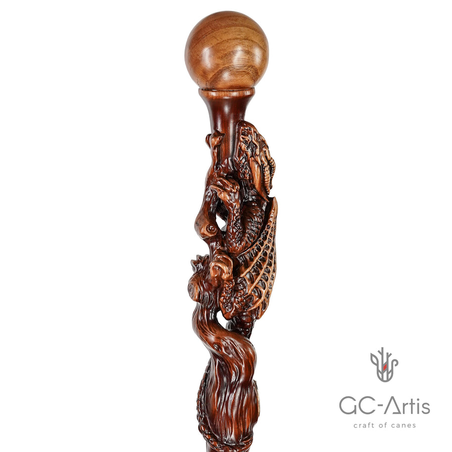 Dragon Walking Hiking Stick, Wooden Cane, Walking Staff, Wood crafted Hand made Trekking Pole. Carved Ball Knob Handle. Fantasy style