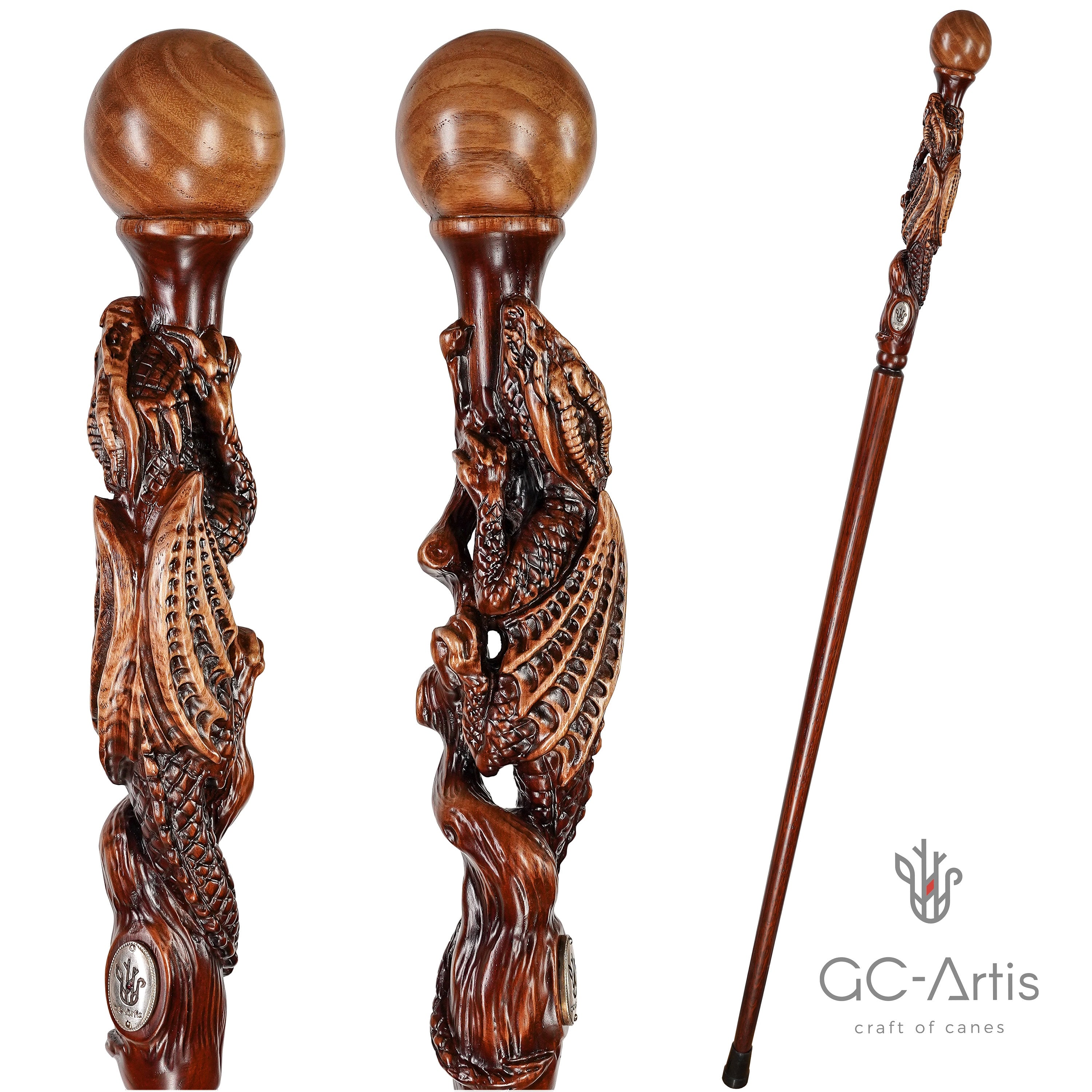 Dragon Walking Hiking Stick, Wooden Cane, Walking Staff, Wood crafted Hand made Trekking Pole. Carved Ball Knob Handle. Fantasy style