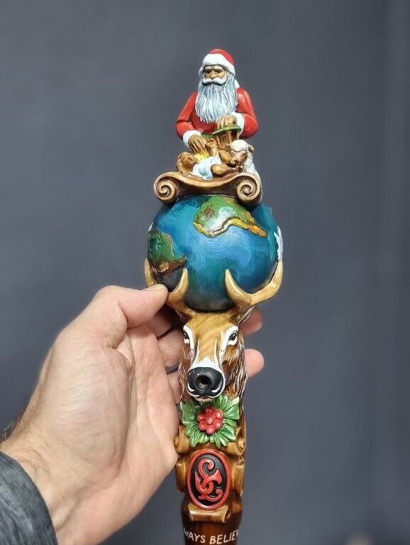 Wooden Walking Staff for Santa Clause wood carved with Reindeer Rudolph and baby Jesus - Christmass hand painted deer lighting nose & lamp