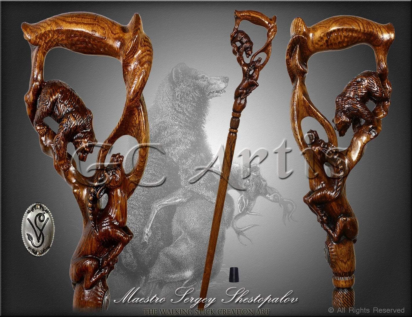 Wooden Carved Walking Cane BEAR Hunting Gazelle - GC-Artis Walking Sticks Canes