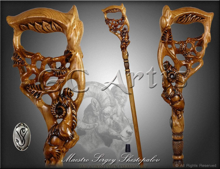 RAM Light Wood Carved Walking Stick Cane - GC-Artis Walking Sticks Canes